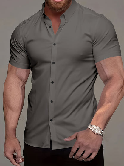 Muscle Man Fitness Short Sleeve Lapel Shirt | Non-Stretch, Solid Color, Button Detail, Summer Business Casual Non-Iron Shirt