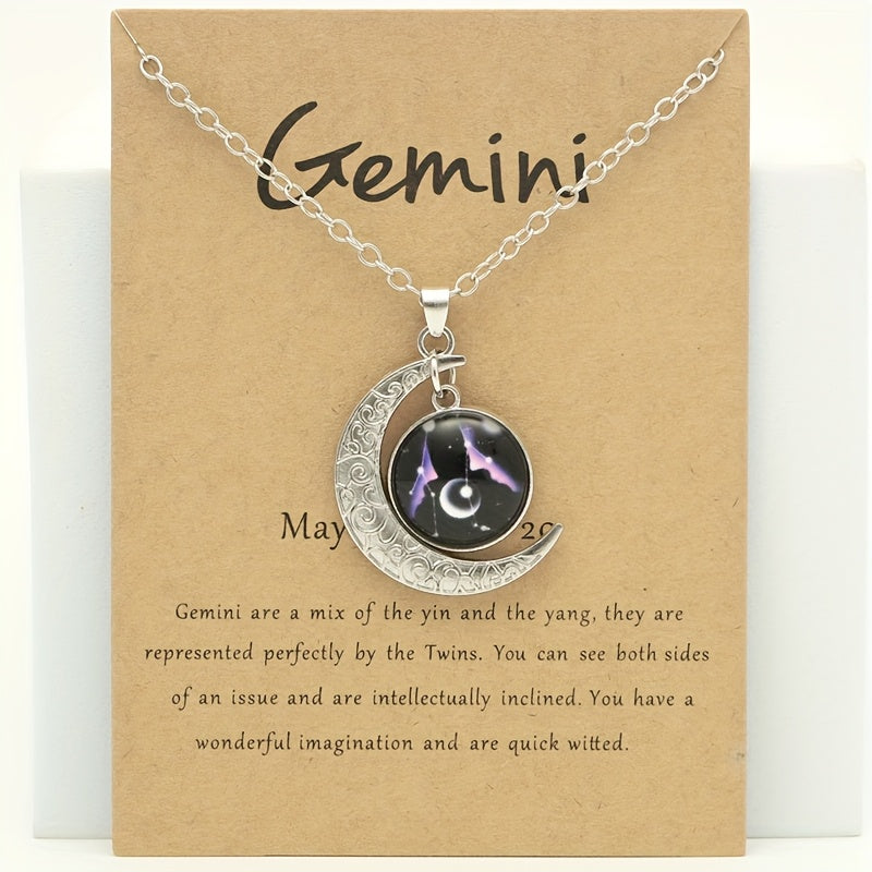 1pc Retro Glow-In-The-Dark Zodiac Moon Pendant Necklace - Vintage Style, Zinc Alloy with Accents, Adjustable Chain for Women - Ideal for Daily Wear & Gifting, Zodiac Jewelry, Gift Jewelry, Vintage Jewelry, Durable Jewelry
