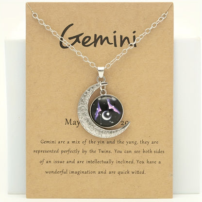 1pc Retro Glow-In-The-Dark Zodiac Moon Pendant Necklace - Vintage Style, Zinc Alloy with Accents, Adjustable Chain for Women - Ideal for Daily Wear & Gifting, Zodiac Jewelry, Gift Jewelry, Vintage Jewelry, Durable Jewelry