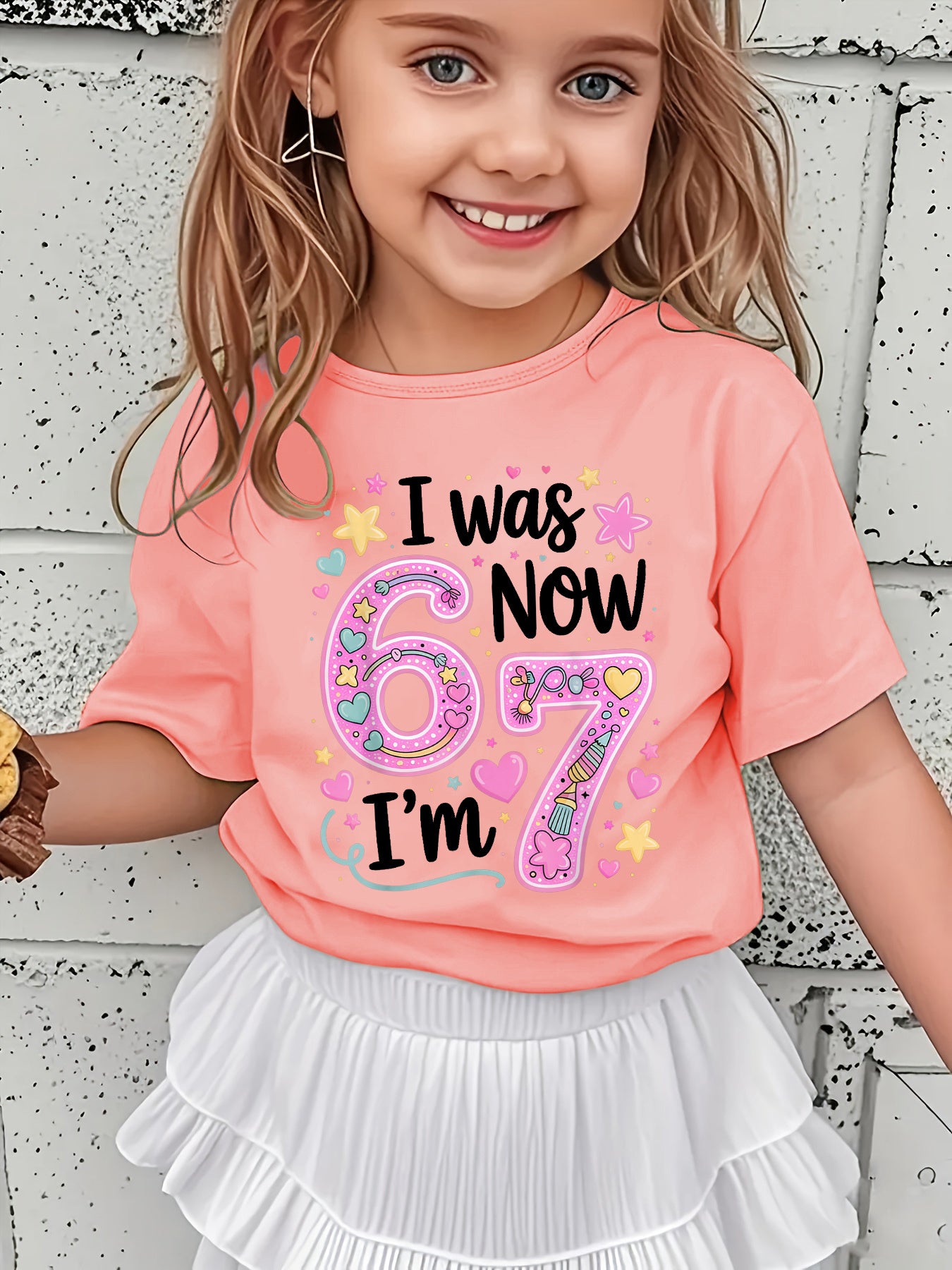 Girls' Summer Short Sleeve T-Shirt with "I WAS NOW" Lettering & Star/Heart Applique - Short Sleeve Round Neck Casual Blouse for, Casual Attire, Playdates & - Non- Summer Top NY-DX7704