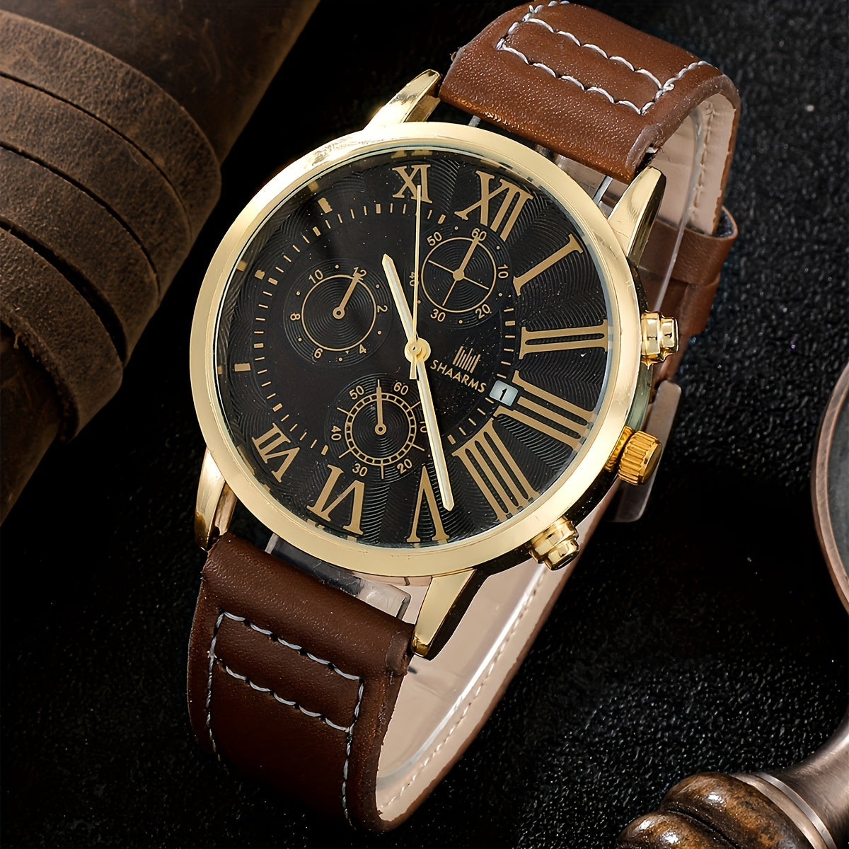 [Men's Brown Analog Watch Set] 4pcs/SET Men's Brown Analog Watch & Matching Bracelet Set - Analog Display with Calendar, Quartz Movement, Matching Bracelet - Stylish Gift for Him Suitable for Birthdays,, Special Events