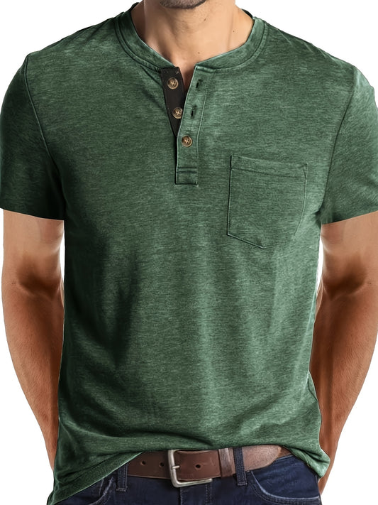 Men's Summer Casual Short Sleeve T-Shirt - Breathable Blend Round Neck Henley-Style Button Front, Semi-Sheer Fabric, Machine Washable Regular Fit for Outdoor & Casual Attire, Relaxed Style, Buttonfront Design, Easy Care, Buttonup Shirt, Warm Weather