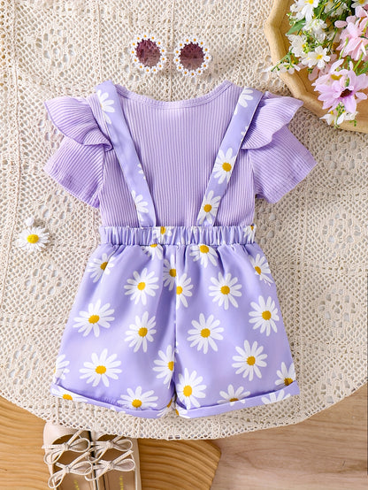Baby Girl Two-Piece Set | Pink Floral Print Romper with Pockets and Ruffle Trim Top | Cute and Practical for Newborns, for Outdoor