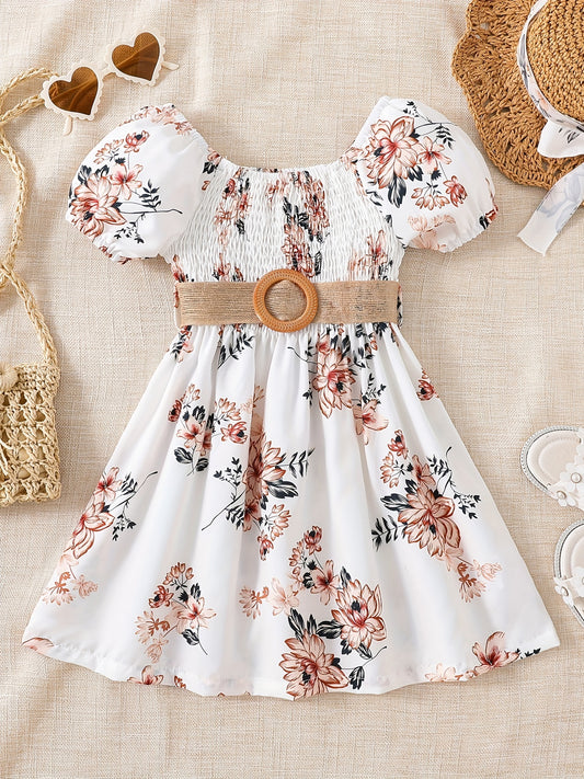 Summer Casual Dress for Girls Featuring a Stylish Floral Print, Knee-Length, with a Loose Fit And Gathered Design
