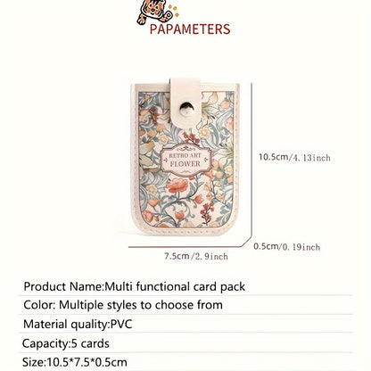 Vintage Floral Pattern Pull-Out Multi-Card Slot ID Holder, Large Capacity Compact Ultra-Thin Synthetic Leather Card Case with Snap Closure