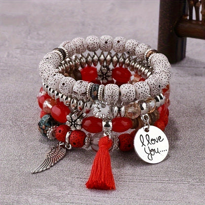 [4pcs Bohemian Bracelets] 4pcs Bohemian Winged Tassel Beaded Bracelets | Women's Fashion Jewelry, Versatile for Casual Attire and Perfect Holiday Gift