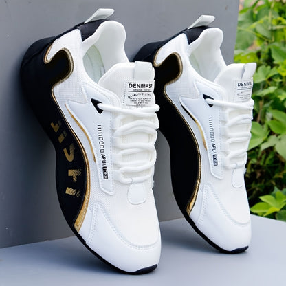 Men's Fashion Casual Sneakers - Breathable Mesh Upper, Anti-Slip Sole, Lace-Up "DENMAI" Design in White and Black with Golden Accents, All-Season Sneakers | Stylish Cross-Over Footwear