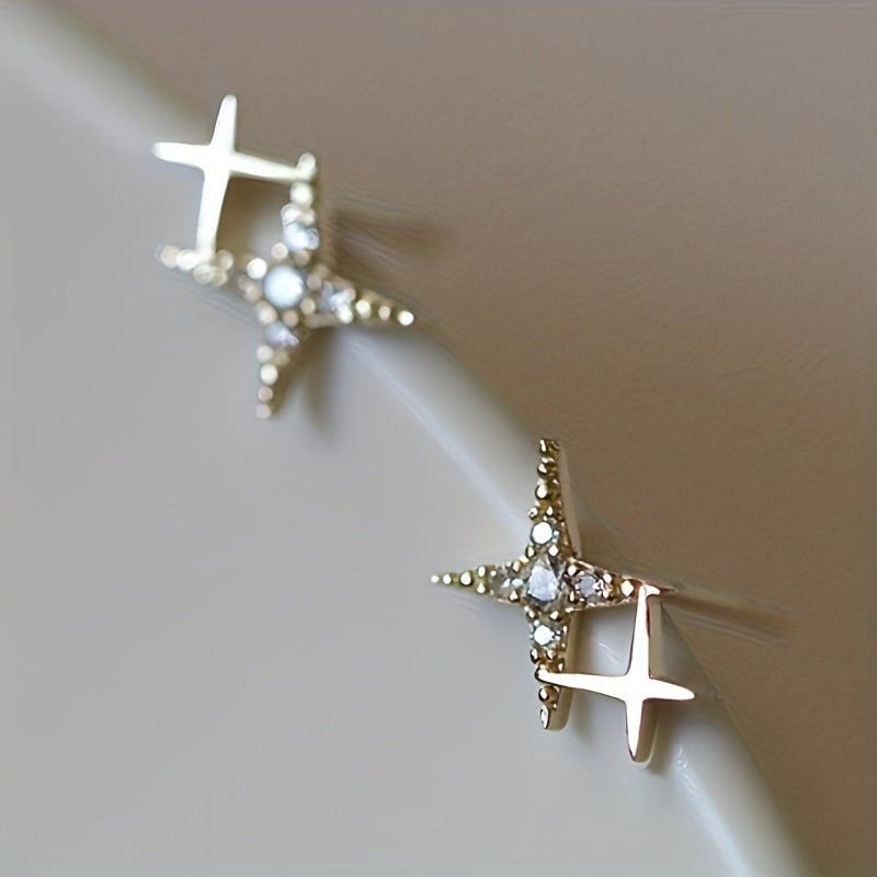 Trendy Inlay Zirconia Double Star Stud Earrings for Women Proposal Engagement Party Jewelry Gift