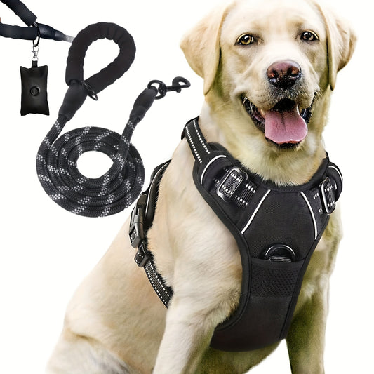 3pcs Escape-Proof Dog Harness & Leash & Poop Bag Dispenser Set,Adjustable, Soft, Comfortable, Breathable Dog Vest,Night reflex, suitable for medium and large dogs walking