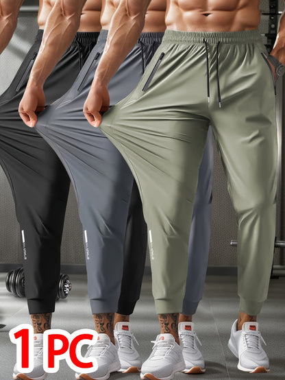 1pc Men'S Breathable Ice High-Elasticity Fabric Jogger with Drawstring Waist, Zipper Pockets - Casual Sports Cropped Pants for Weekend Wear, Solid Color, Regular Fit, Weekend Casual Wear| casual sporty style| drawstring Waistban