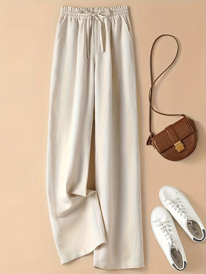Vintage Loose-Fit Thin-Linen Wide-Leg Pants for Women, High-Waisted with Elastic Waistband and Drawstring, Artistic Casual Straight-Leg Trousers