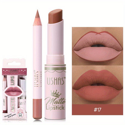 24 Hour Waterproof Velvet Matte Lipstick + Lip Liner - Nonstick Cup Lipgloss Lip Stain Pigmented Lip Makeup - Golden Box Nude Lipstick Valentine's Day Gifts