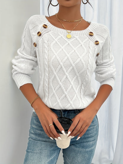New Round Neck Textured Button Lantern Sleeve Sweater