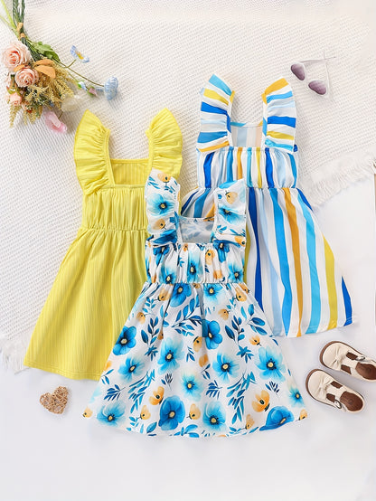 Young Girls' Summer 3pcs Set Simple Dress with Small Flutter Sleeves, Striped and Floral Print, Casual and Fashionable Dress, Suitable for Vacation, Leisure, and Outdoor Activities