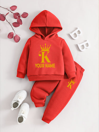 [Customization]Christmas Edition Crown K Custom Kids Fashion Casual Hooded Sweatshirt Set with Personalized Name (Other items not included for), Perfect for Outdoor