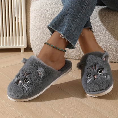 Women's Winter Indoor Home Plush Cat-Themed Warm Soft-Soled Couple's House Slippers, Floor Slippers for Men in Winter, Women Shoes