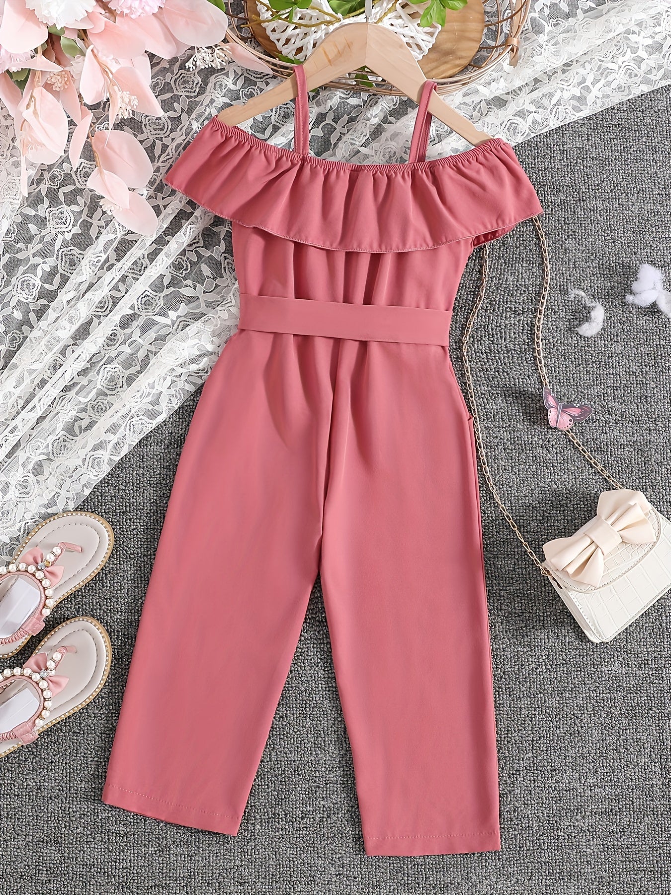 Summer Casual Outings for Girls Featuring a Sleeveless Ruffled Strap Jumpsuit in Solid Color, Complete with a Belt, for Outdoor