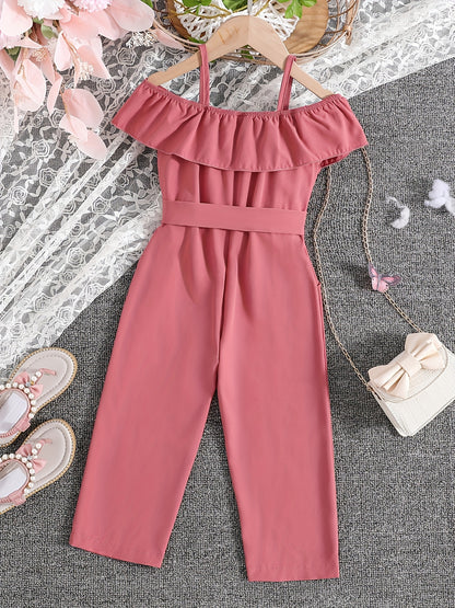 Summer Casual Outings for Girls Featuring a Sleeveless Ruffled Strap Jumpsuit in Solid Color, Complete with a Belt, for Outdoor