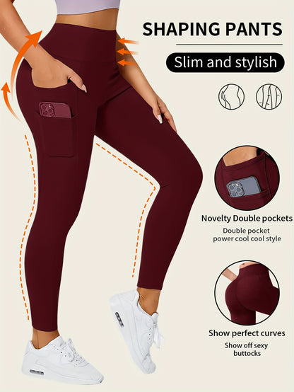 High-Waisted Leggings with Slim-Fit Double Pocket Design -  All-Season Pants, Tummy Control & Butt-Lifting for,, Casual Wear - Hand Washable Stretchy Bottoms