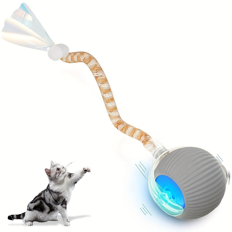 Indoor Cat Interactive Ball Toy with Elastic Net Tail, Automatic Moving Ball Toy for Floors/Tiles/Carpets, Smart Interactive Automatic Cat Toy Ball with Obstacle Avoidance and Motion-Activated Electric Cat Toy