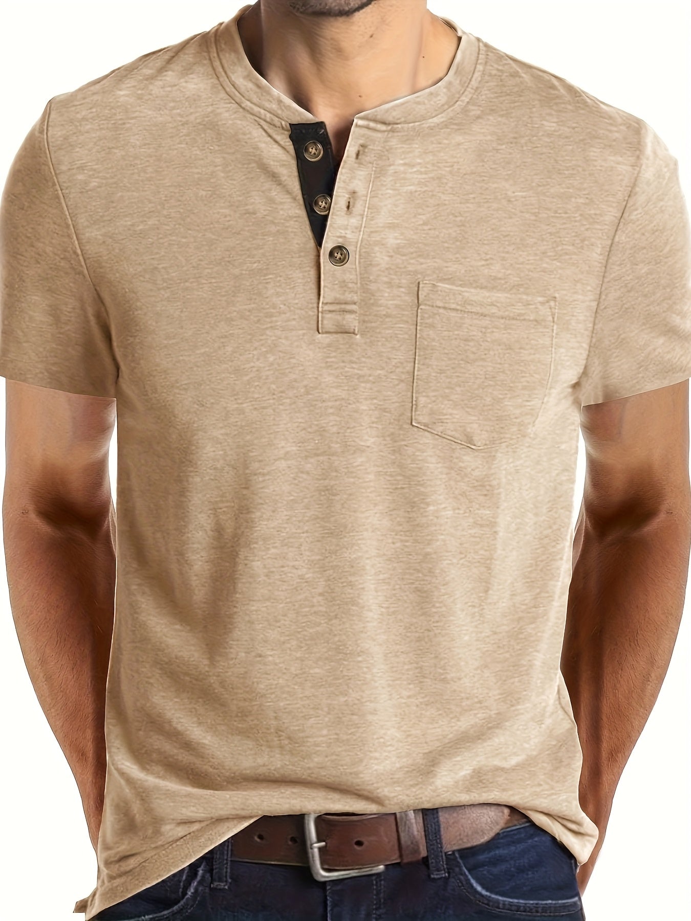 Men's Summer Casual Short Sleeve T-Shirt - Breathable Blend Round Neck Henley-Style Button Front, Semi-Sheer Fabric, Machine Washable Regular Fit for Outdoor & Casual Attire, Relaxed Style, Buttonfront Design, Easy Care, Buttonup Shirt, Warm Weather