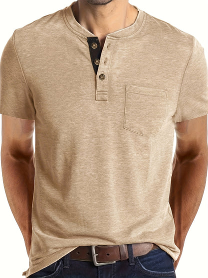 Men's Summer Casual Short Sleeve T-Shirt - Breathable Blend Round Neck Henley-Style Button Front, Semi-Sheer Fabric, Machine Washable Regular Fit for Outdoor & Casual Attire, Relaxed Style, Buttonfront Design, Easy Care, Buttonup Shirt, Warm Weather
