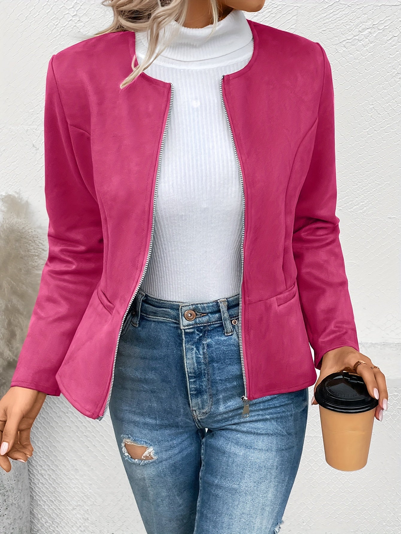 Solid Zip Up Jacket, Casual Long Sleeve Crew Neck Outerwear For Spring & Fall - Women's Clothing -  Lightweight & Comfortable - Suitable for Everyday Wear - Perfect Gift for Women