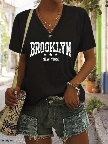 Women's V-neck T-shirt with Alphabet Print