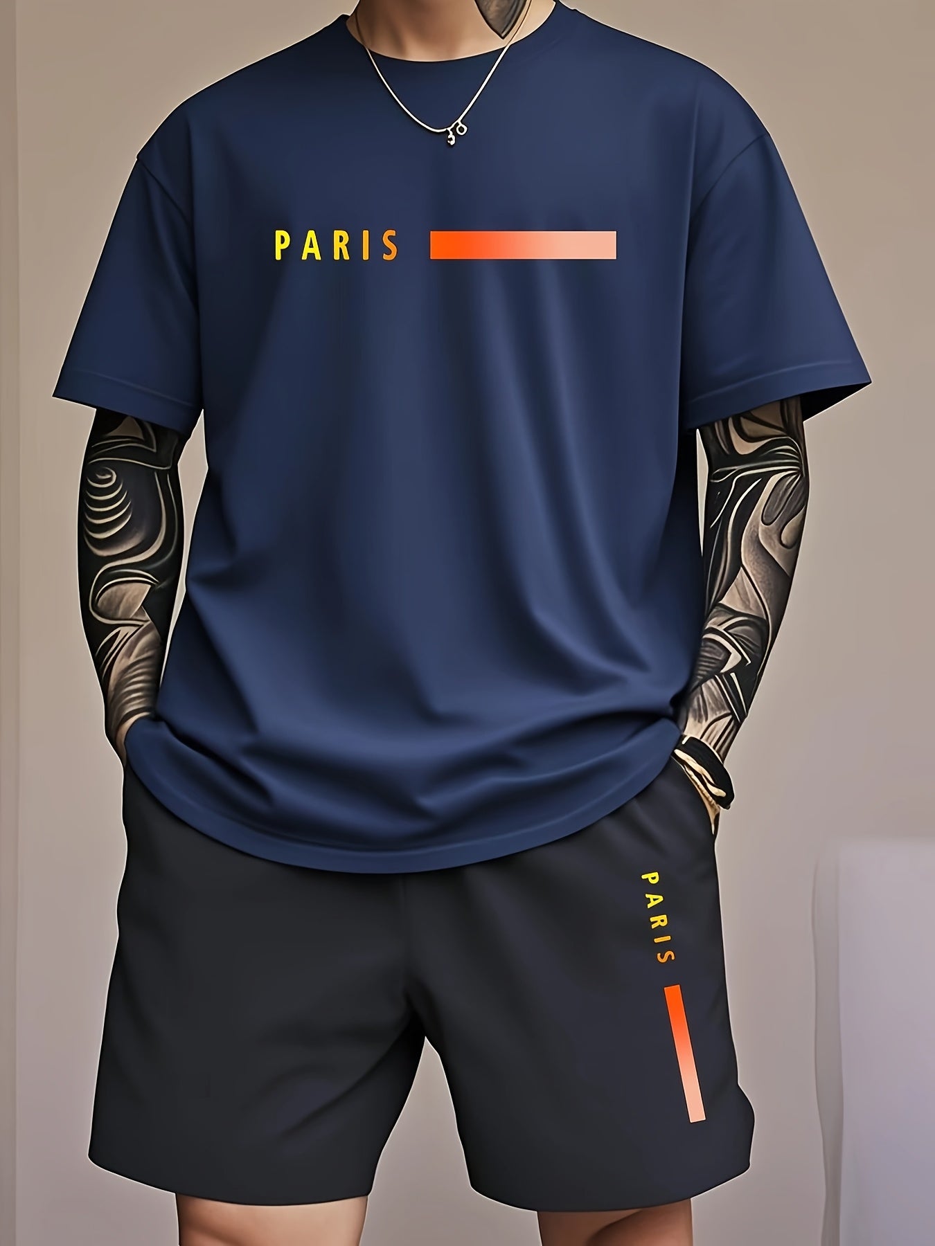Men's fashion gradient letter print Men's two-piece set: round-neck short-sleeved T-shirt and drawstring shorts summer casual sportswear