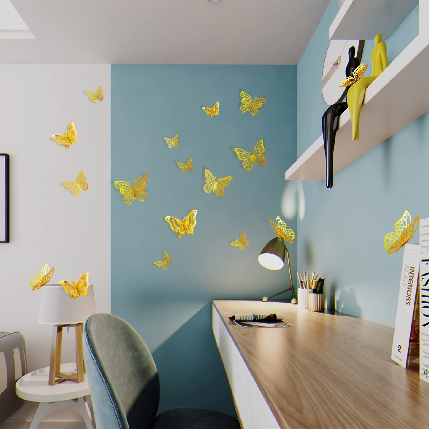 [Home Decor, Gifts] 48pcs 3D Butterfly Wall Stickers | Home Decor, Party Balloon Decorations, Craft, Bouquet, Floral Art, Gifts, Shimmery Glitter, Self-Adhesive Plastic