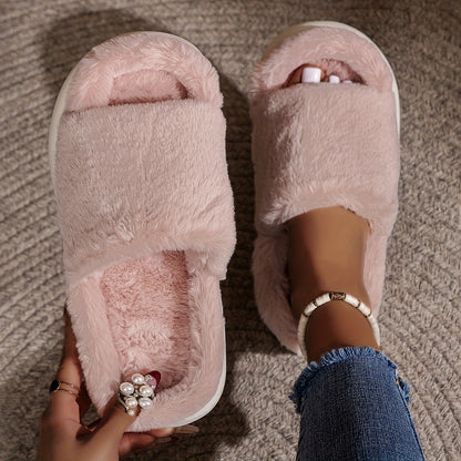 [Warm Fuzzy Slippers] Cozy Fluffy Faux Furry Slippers Suitable for – Warm Soft House Shoes with Open-Toe Platform, Cushioned PVC Sole & Fuzzy Covering, Women Shoes
