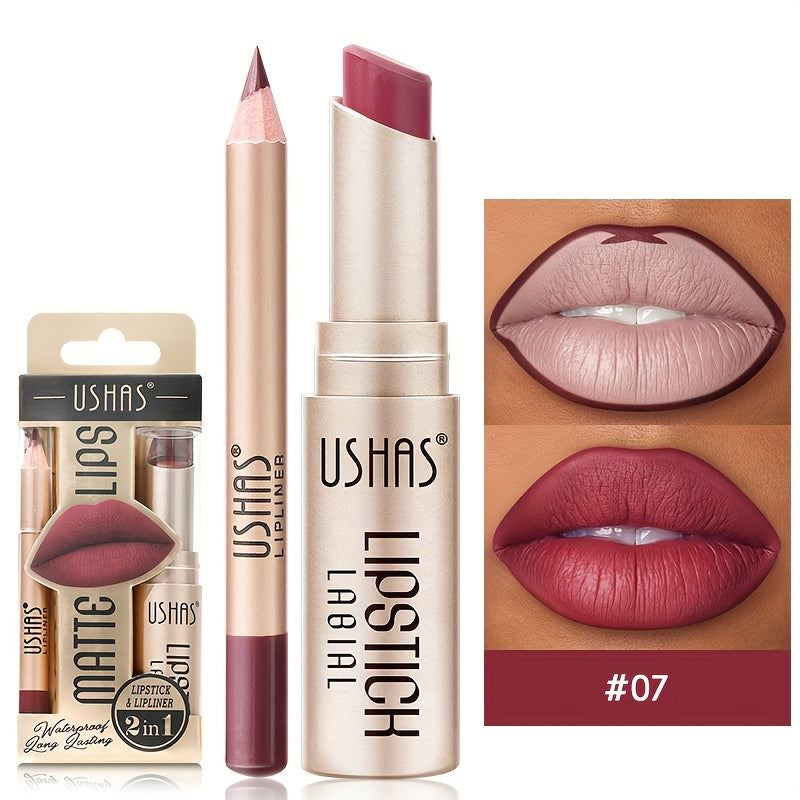 24 Hour Waterproof Velvet Matte Lipstick + Lip Liner - Nonstick Cup Lipgloss Lip Stain Pigmented Lip Makeup - Golden Box Nude Lipstick Valentine's Day Gifts
