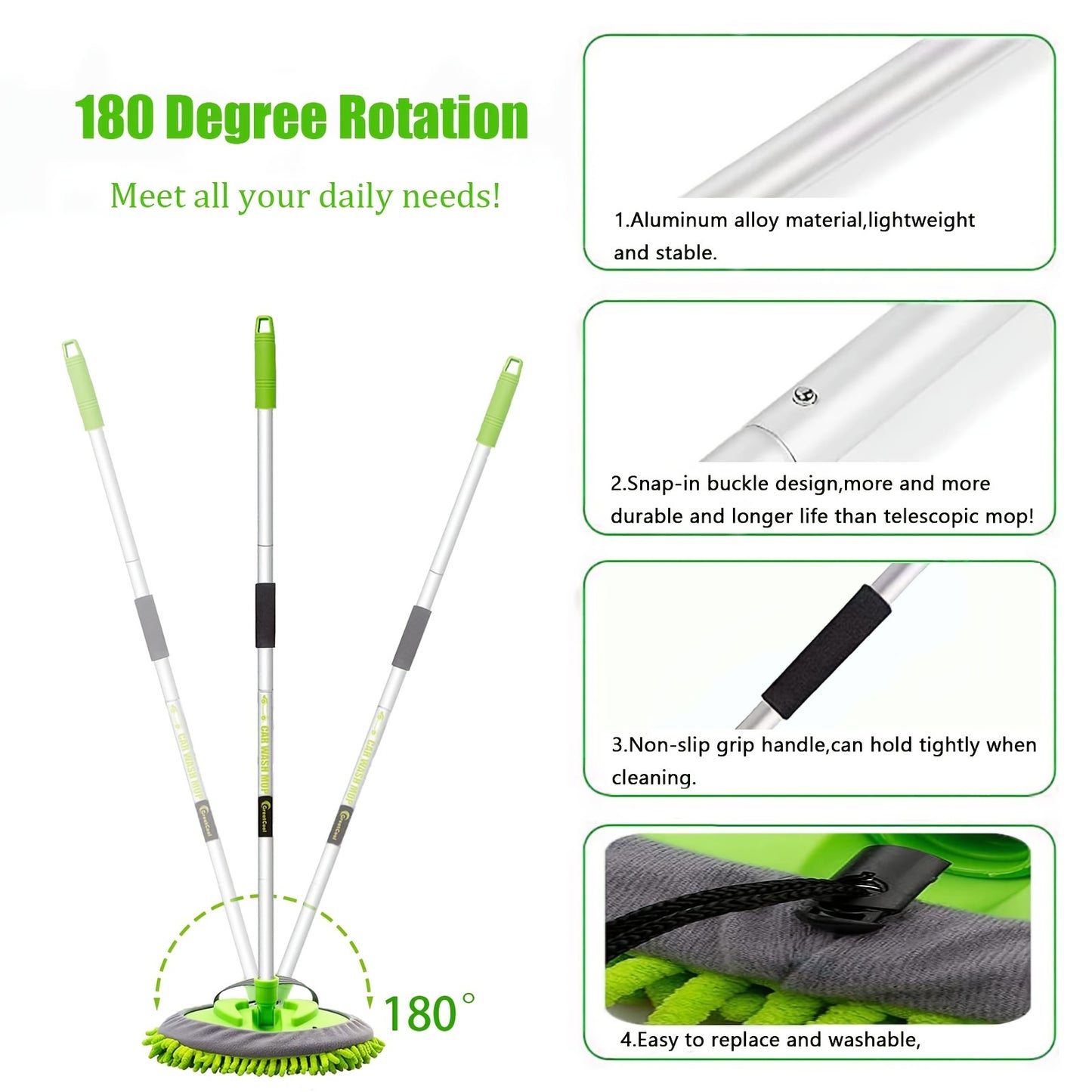 62" Car Wash Brush Kit with Long Handle, Scratch Free Mop Cleaning Mitt Suitable for Washing Cars Truck SUV RV Caravans and Household(2 X Mop Head)