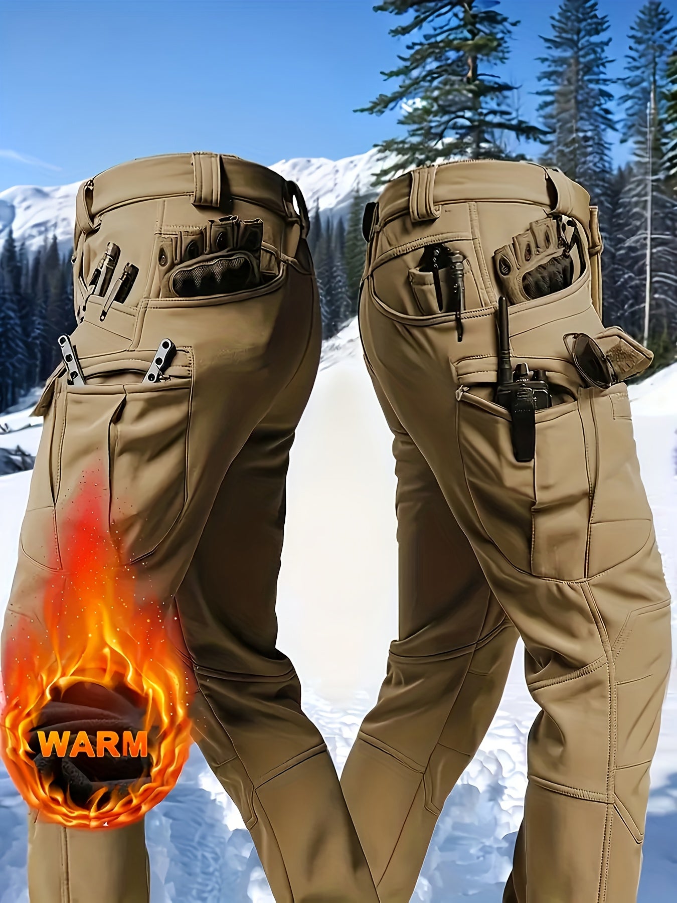 1PC Men's -Lined Thermal Tactical Cargo Pants, Heavyweight Winter Style, Multi-Pocket, High Quality, Windproof and Snowproof, -Lined Micro-Stretch Fabric, Suitable for Outdoor Hiking, Fishing, and Casual Outings, No Belt