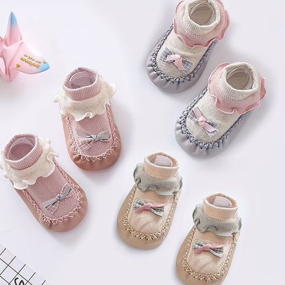 Spring/Autumn Cartoon Children's -Soled Socks, Baby's First Walking Floor Socks with Bow, Non-Slip Soft-Soled Shoe Socks for Kids