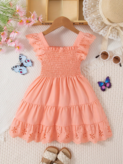 Girls' Casual Dress, Summer Daily Casual Outing, Square Neckline Sleeveless Small Flutter Sleeve Design, Gathered Waist, Solid Color, Knee-Length