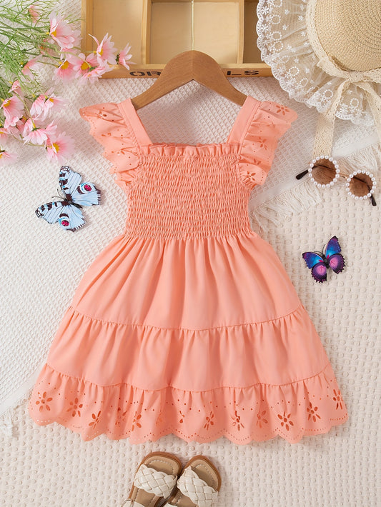Girls' Casual Dress, Summer Daily Casual Outing, Square Neckline Sleeveless Small Flutter Sleeve Design, Gathered Waist, Solid Color, Knee-Length
