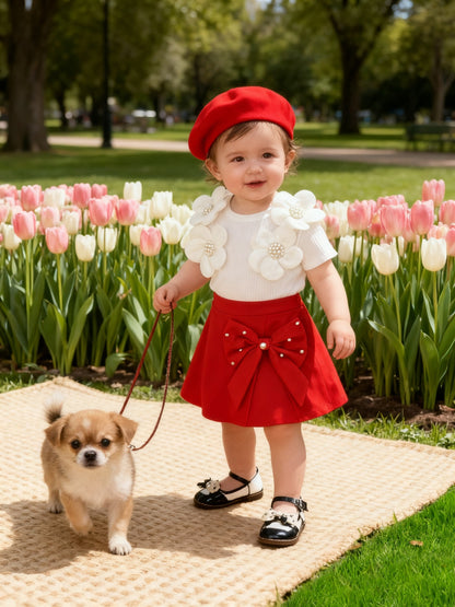 Girl's Sweet and Stylish Appliqué Short-Sleeve Top with Lining, Paired with a Bow Skirt and Beret Hat Set, Suitable for Toddler Girls as Summer Outerwear, Latest Summer Clothing for Baby Girls, Perfect for Outdoor
