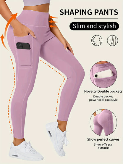 High-Waisted Leggings with Slim-Fit Double Pocket Design -  All-Season Pants, Tummy Control & Butt-Lifting for,, Casual Wear - Hand Washable Stretchy Bottoms