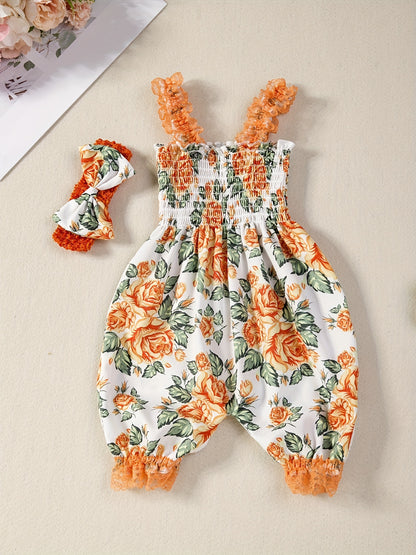 Girl's Stylish Summer Outfit Set: 2pcs Thin Bodysuit with Lace Camisole and Bell-Bottom Shorts, Cool and Comfortable, Includes Hair Accessories, Suitable for Photoshoots and Outings, Perfect for Outdoor