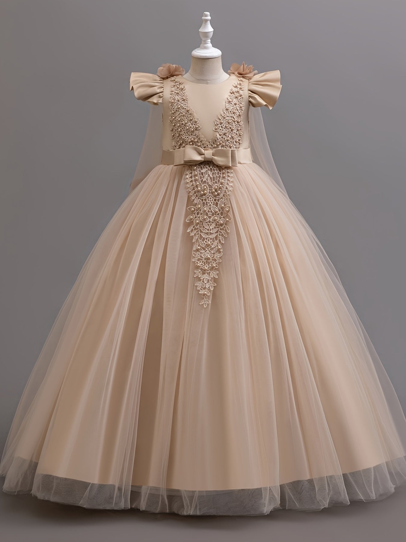 Fashionable Girl's Children's Dress, Medium to Large Size, Floral Pearl Wedding Dress, Flower Girl Performance Princess Dress, Floor-Length Style