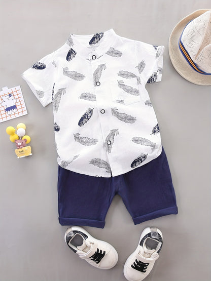 [Vibrant Boys' Set] 2pcs Vibrant Yellow Boys' Casual Feather Print Short Sleeve Shirt and Shorts Set | Button-Up Collared Shirt & Matching Shorts, Perfect for Spring/Summer, Baby Boy Outfit, Nonstretch Fabric, for Outdoor