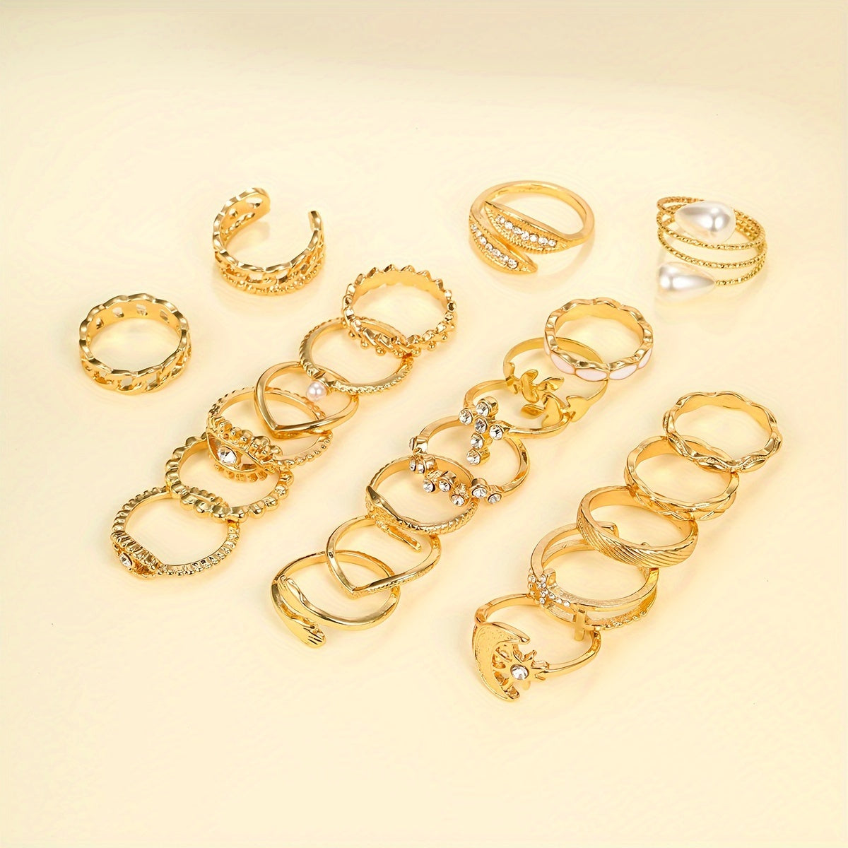 A Set of 22 Stylish Vintage Rings Featuring Leaves, Eyes, Moons, Crosses, Rhinestones, And Faux Pearls, Perfect for Parties, Dates, And Everyday Wear