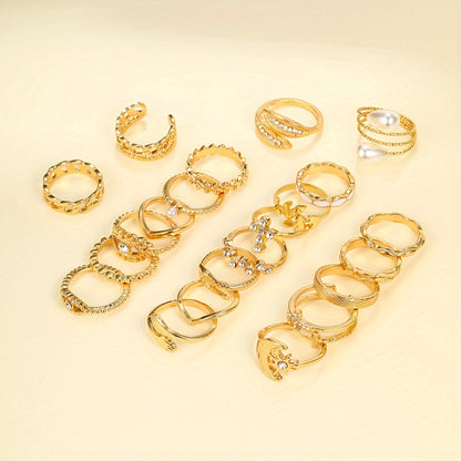 A Set of 22 Stylish Vintage Rings Featuring Leaves, Eyes, Moons, Crosses, Rhinestones, And Faux Pearls, Perfect for Parties, Dates, And Everyday Wear