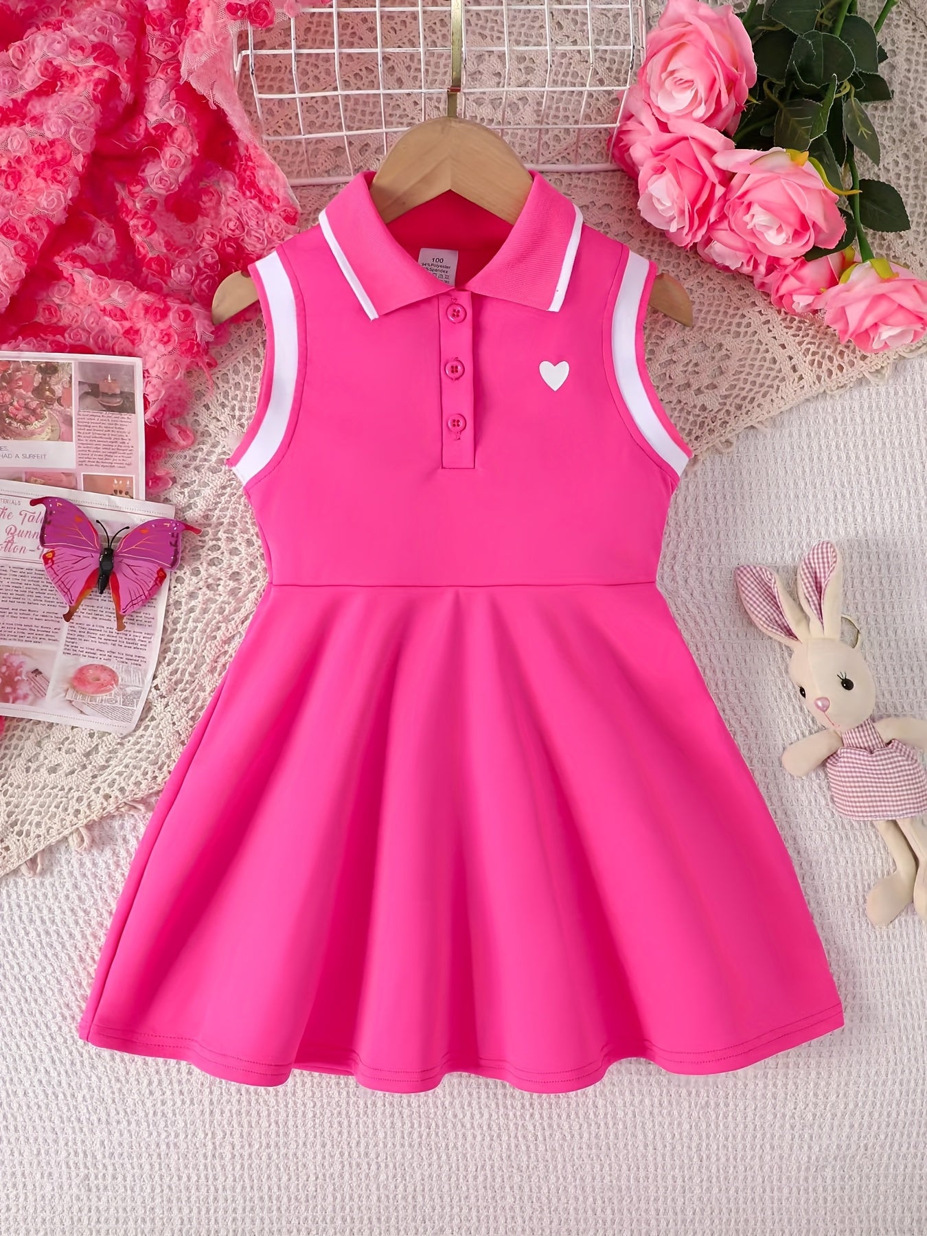 Summer Fashion Sleeveless Polo Dress for Girls with a Heart Print, Knee-Length Casual Outfit