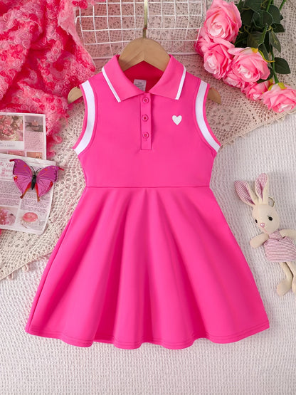 Summer Fashion Sleeveless Polo Dress for Girls with a Heart Print, Knee-Length Casual Outfit