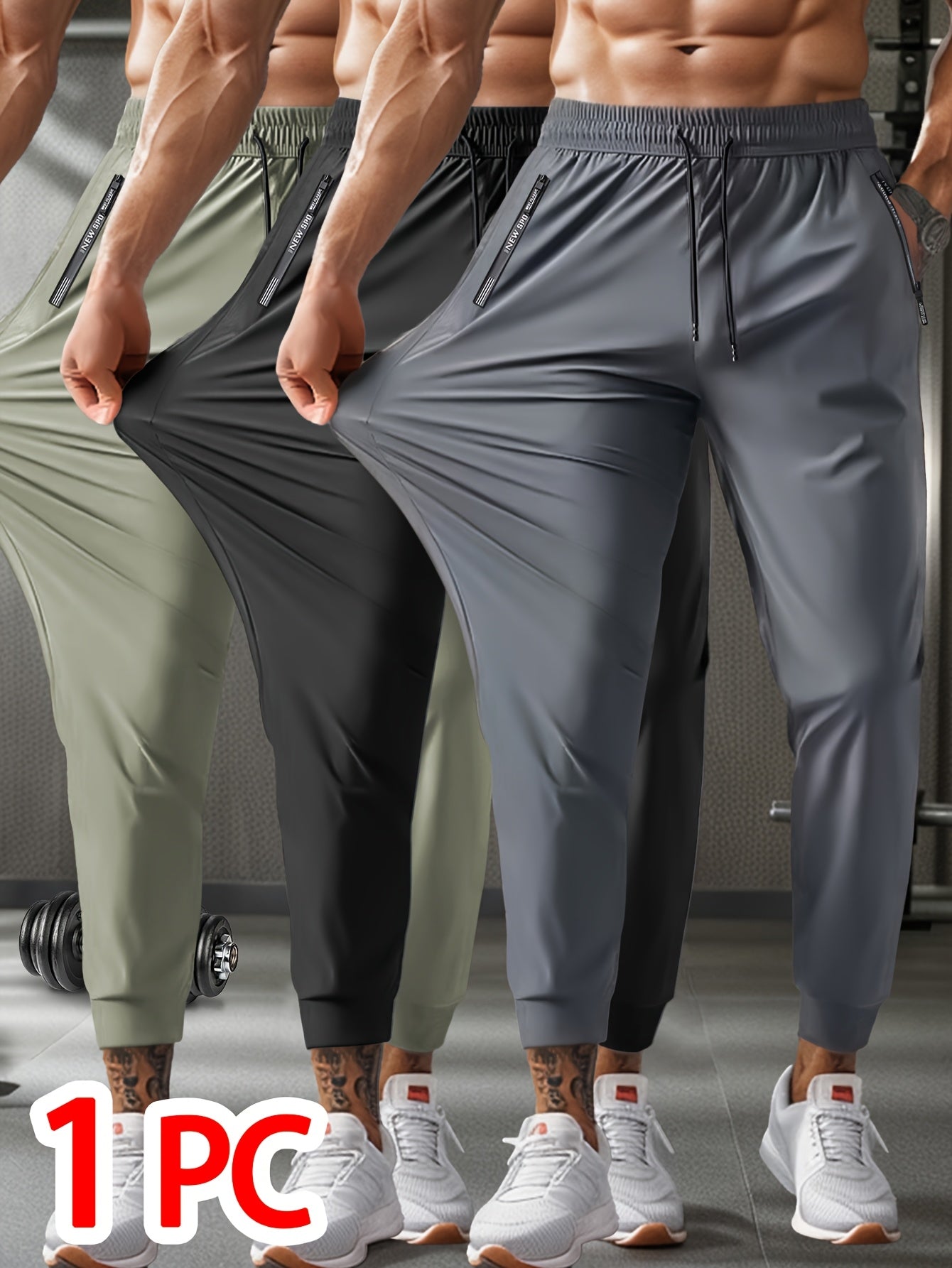 1pc Men'S Breathable Ice High-Elasticity Fabric Jogger with Drawstring Waist, Zipper Pockets - Casual Sports Cropped Pants for Weekend Wear, Solid Color, Regular Fit, Weekend Casual Wear| casual sporty style| drawstring Waistban