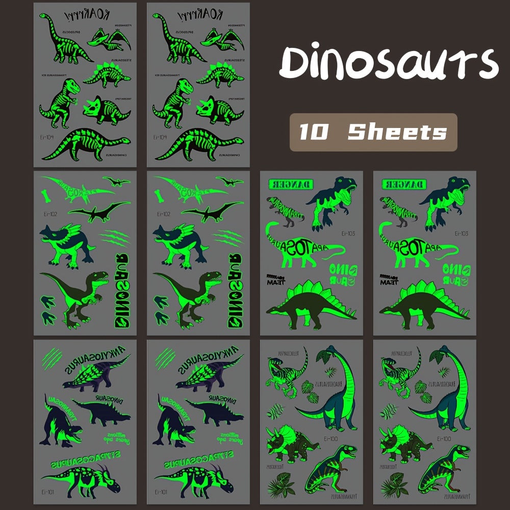 10 Sheets of Luminous Waterproof Glow-in-the-Dark Dinosaurs Temporary Tattoos, Featuring T-Rex, Pterosaur, Velociraptor, Triceratops, and Stegosaur Designs in Rectangular Shape, Perfect for Dinosaurs Birthday Party Supplies, Stocking Stuffers, and Christm