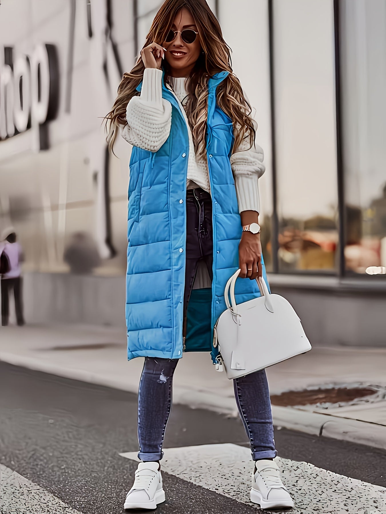 Solid Color Single-Breasted Long Padded Hooded Coat, Slim Fit Elegant Cardigan, Warm Pocket Vest