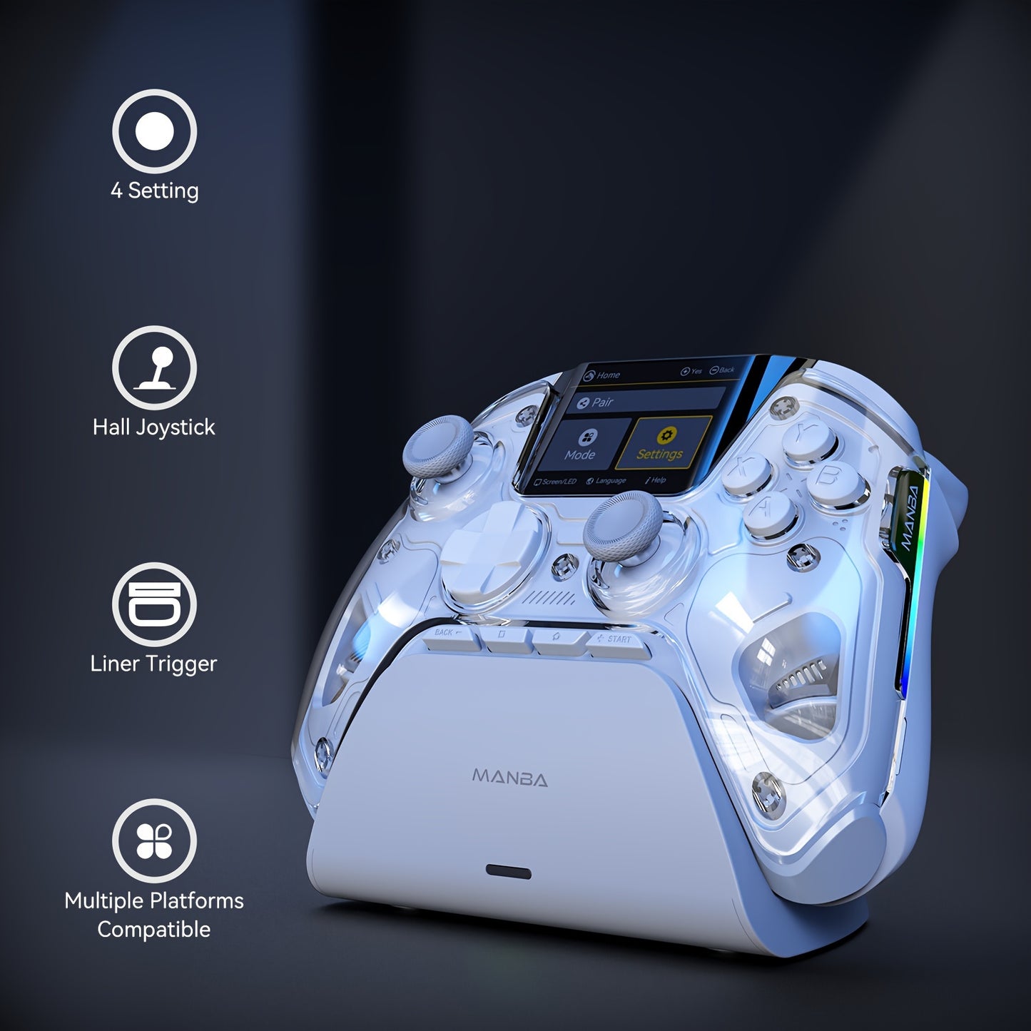 Interactive Screen Wireless Gaming Controller, Hall Effect Stick & Trigger, RGB Lighting, Remappable Buttons, for iOS/Switch/PC/Android/Steam Deck, 1800mAh with Charging Dock-V2, White, (No Drift) 【Notice】Not Compatible with Xbox and PS5